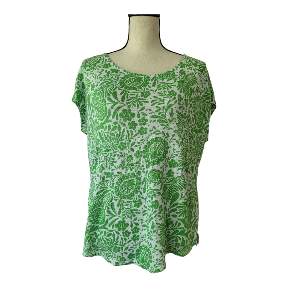 💕C & C California Green And White‎ Floral 100% Linen Woven Top Size XL New